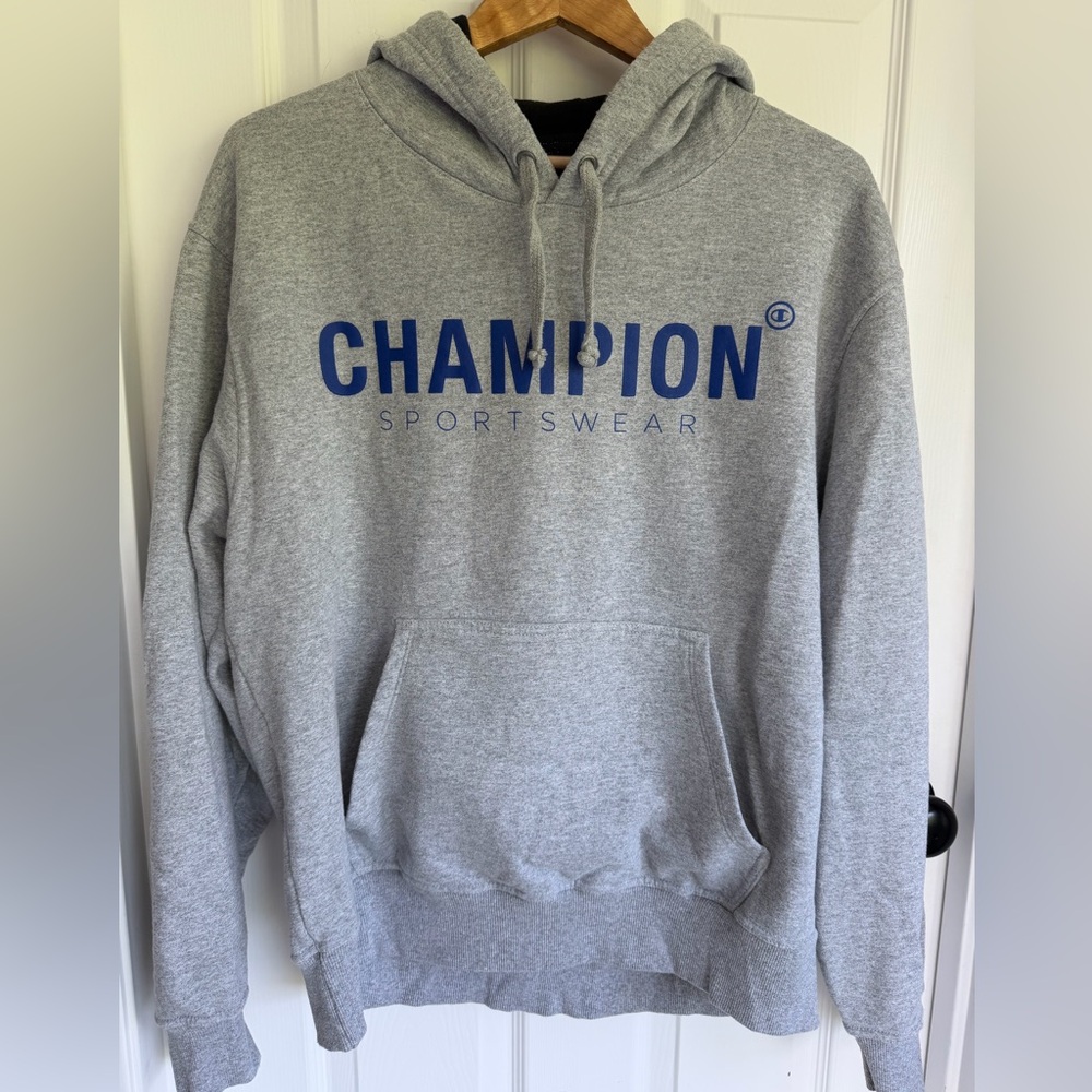 Champion Gray Hoodie with Blue Logo - Men’s Pullover